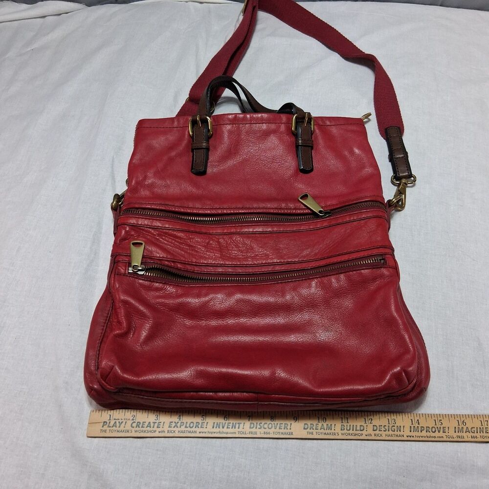 Fossil Explorer Large Tote Crossbody Bag Fold Over Purse Soft Red Leather - Picture 5 of 11